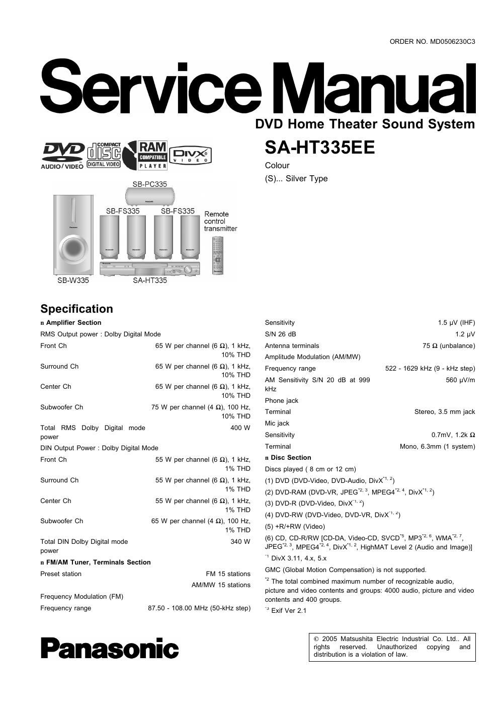 panasonic sa ht 335 ee service manual