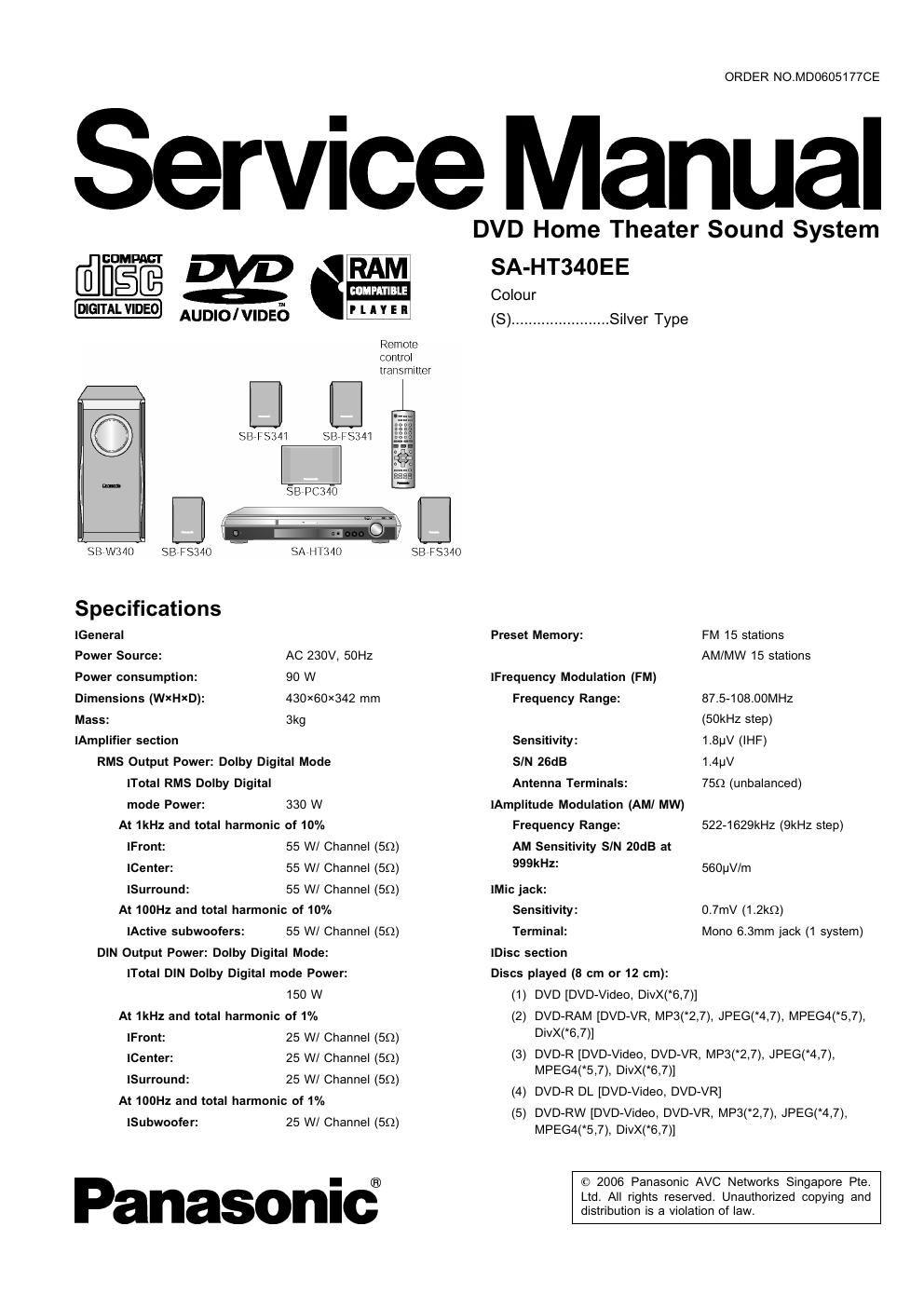 panasonic sa ht 340 ee service manual