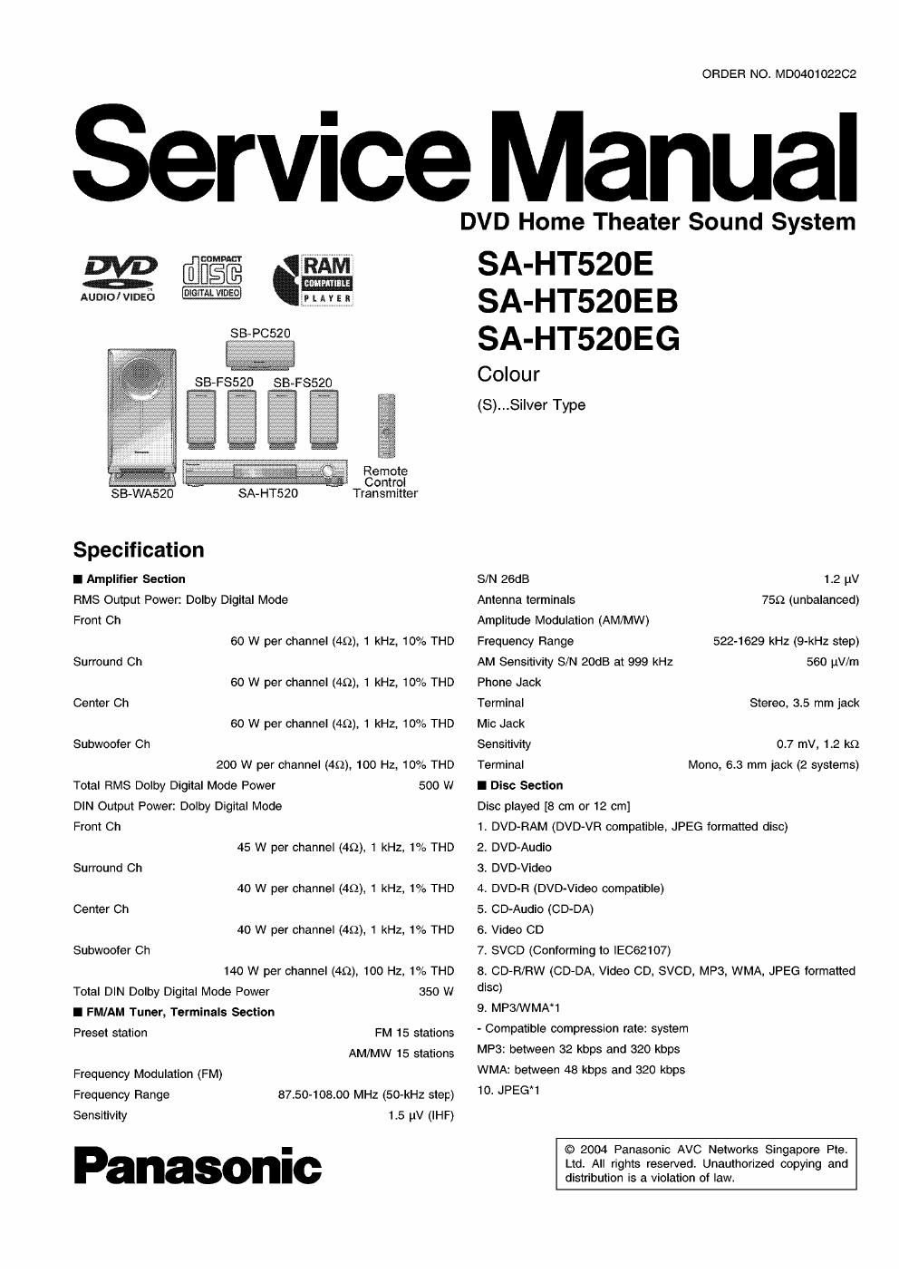 panasonic sa ht 520 e service manual