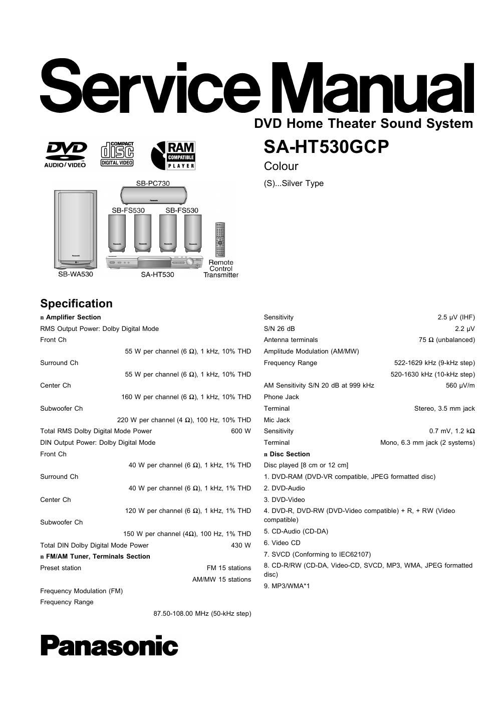 panasonic sa ht 530 gcp service manual