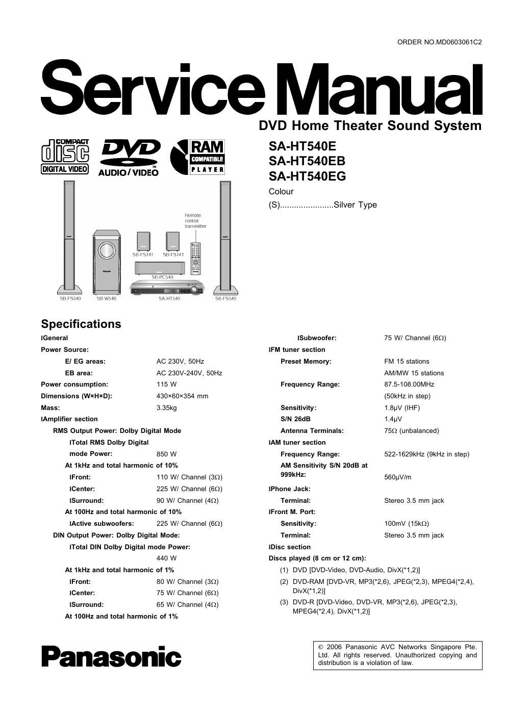 panasonic sa ht 540 e service manual