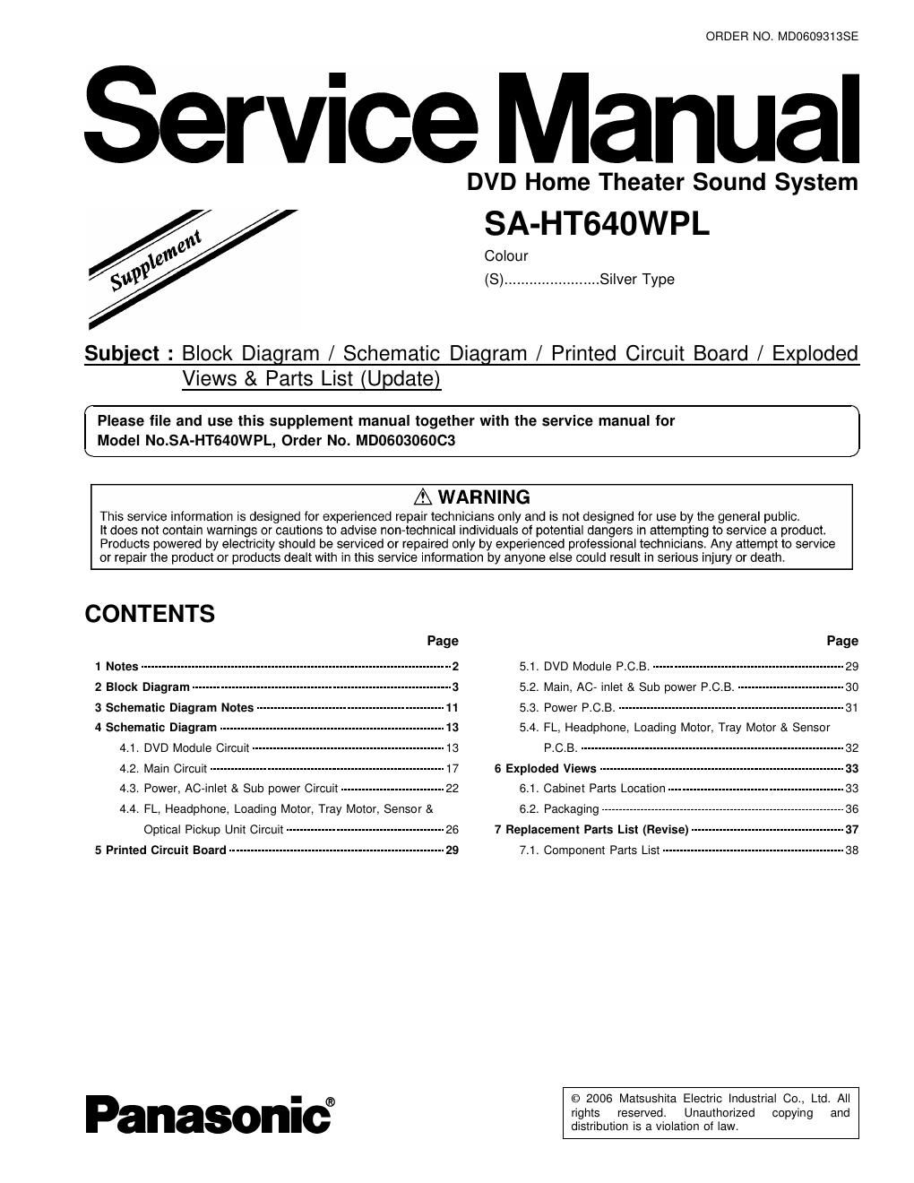 panasonic sa ht 640 wpl service manual