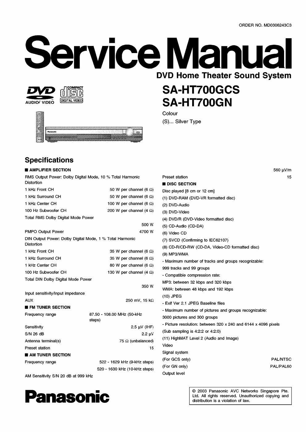 panasonic sa ht 700 gcs service manual