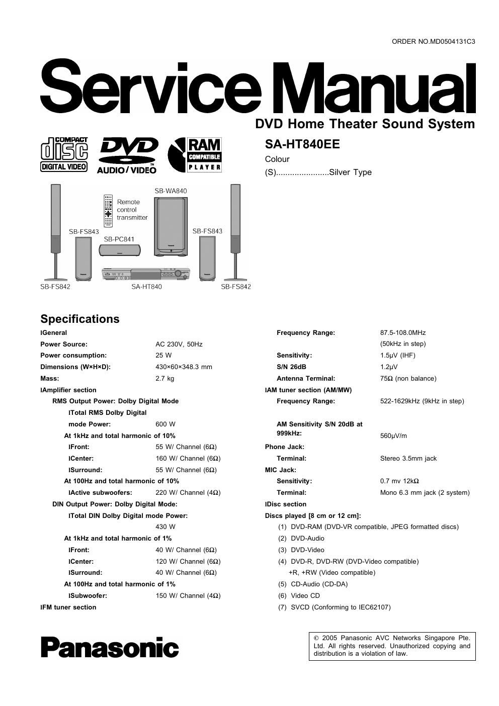 panasonic sa ht 840 ee service manual