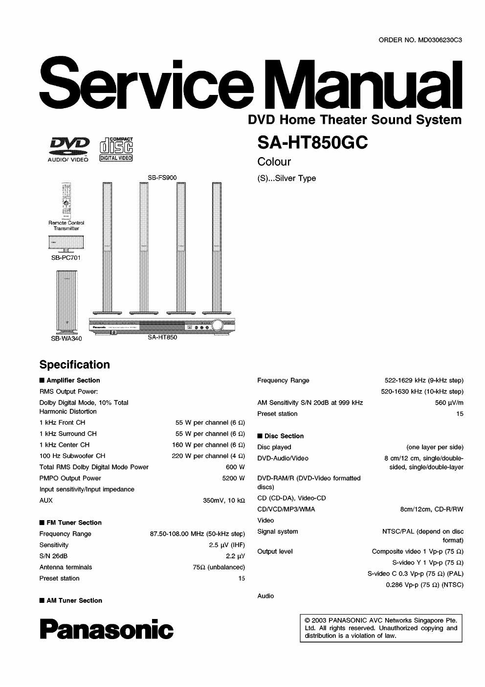 panasonic sa ht 850 gc service manual