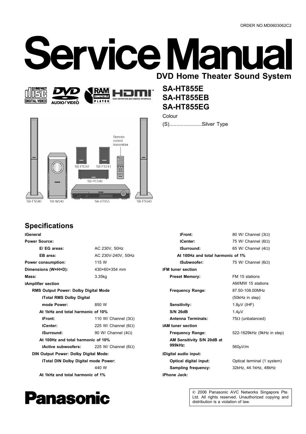 panasonic sa ht 855 service manual