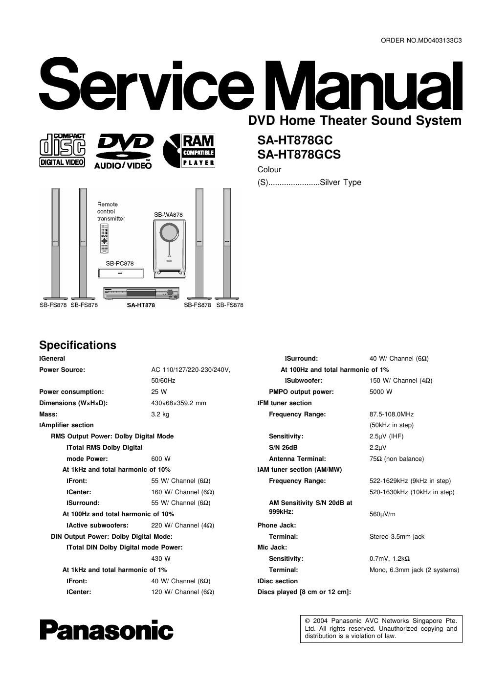 panasonic sa ht 878 gc service manual