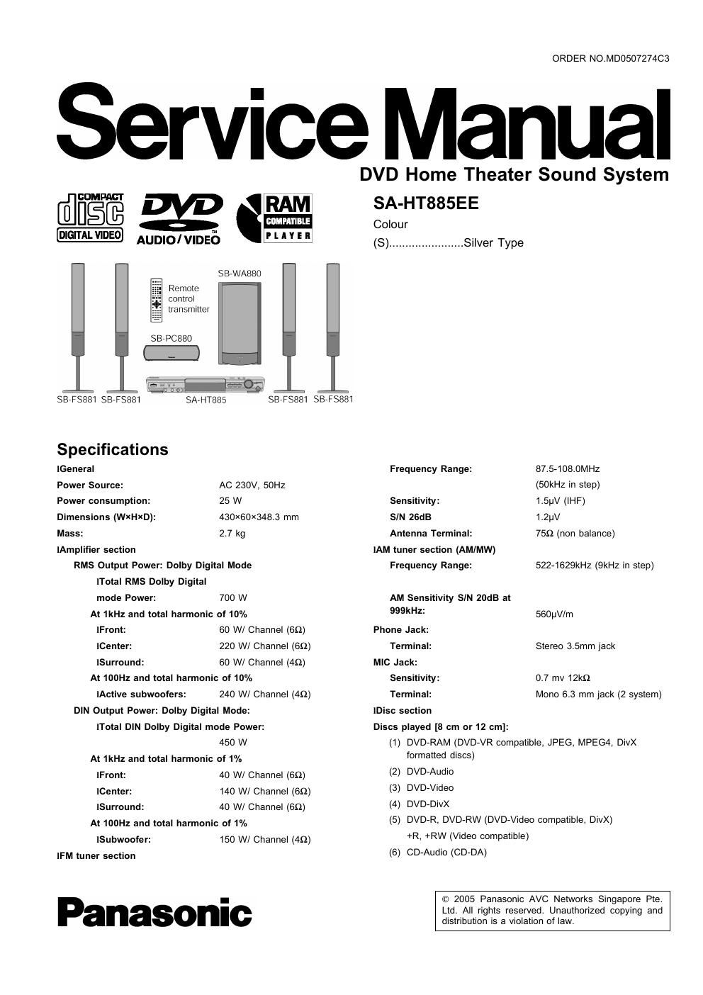 panasonic sa ht 885 ee service manual