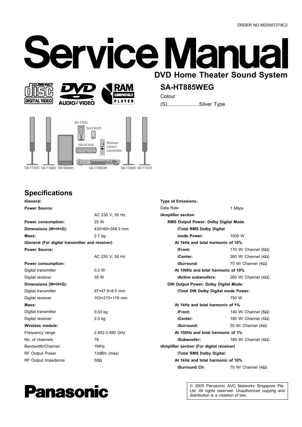 panasonic sa ht 885 weg service manual