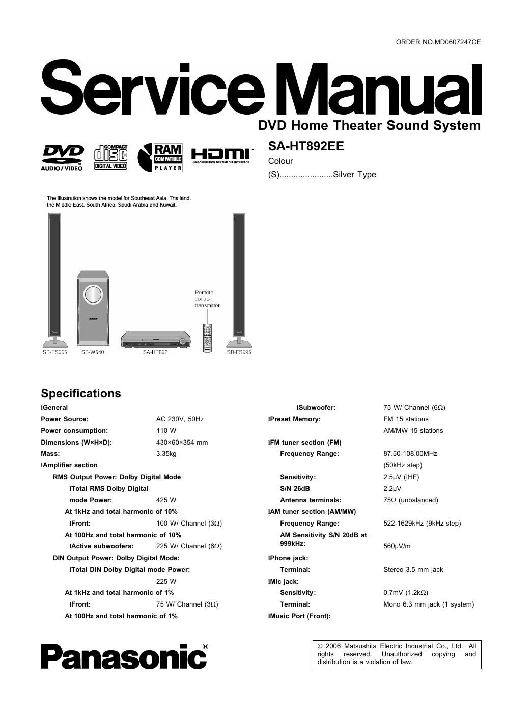 panasonic sa ht 892 ee service manual