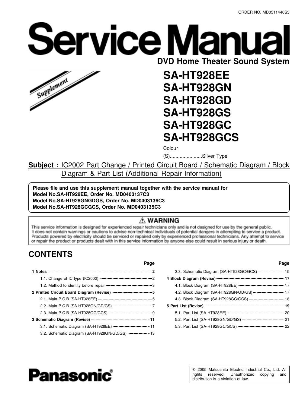 panasonic sa ht 928 service manual