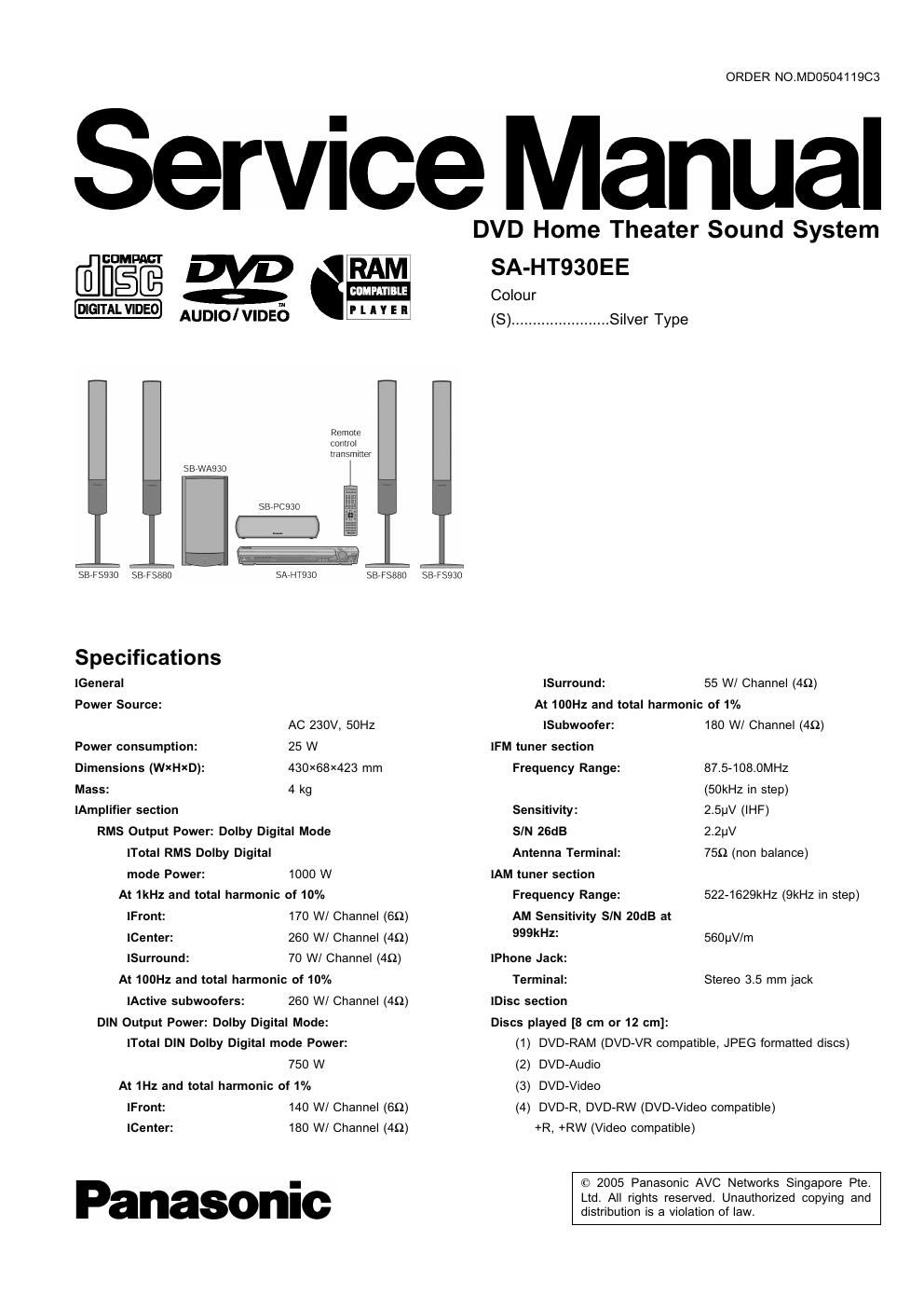 panasonic sa ht 930 ee service manual