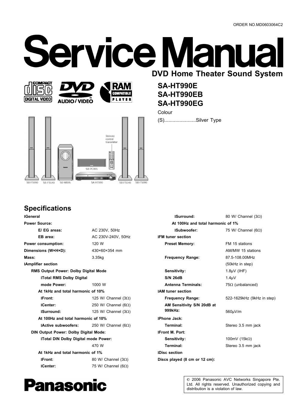 panasonic sa ht 990 e service manual