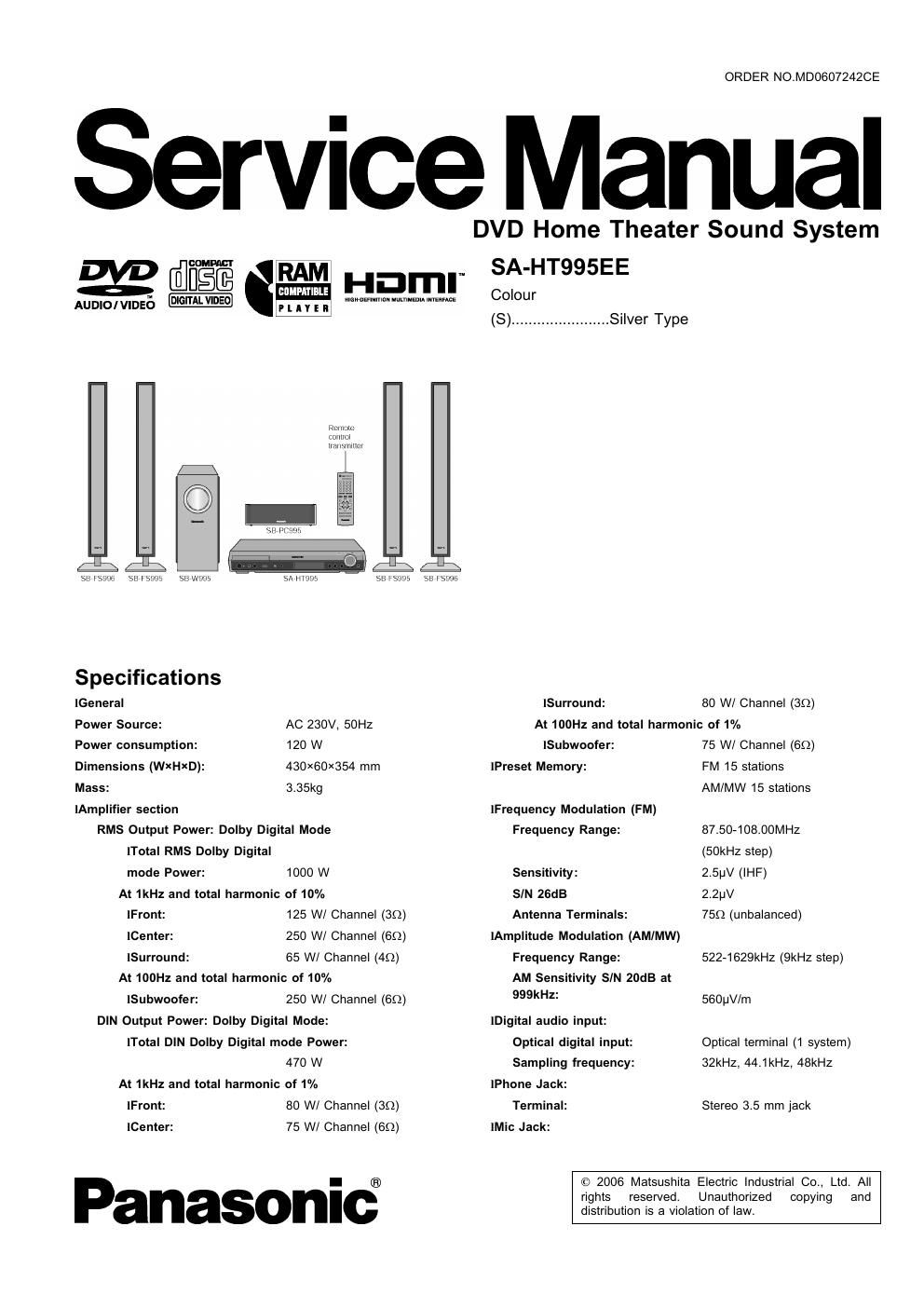 panasonic sa ht 995 ee service manual