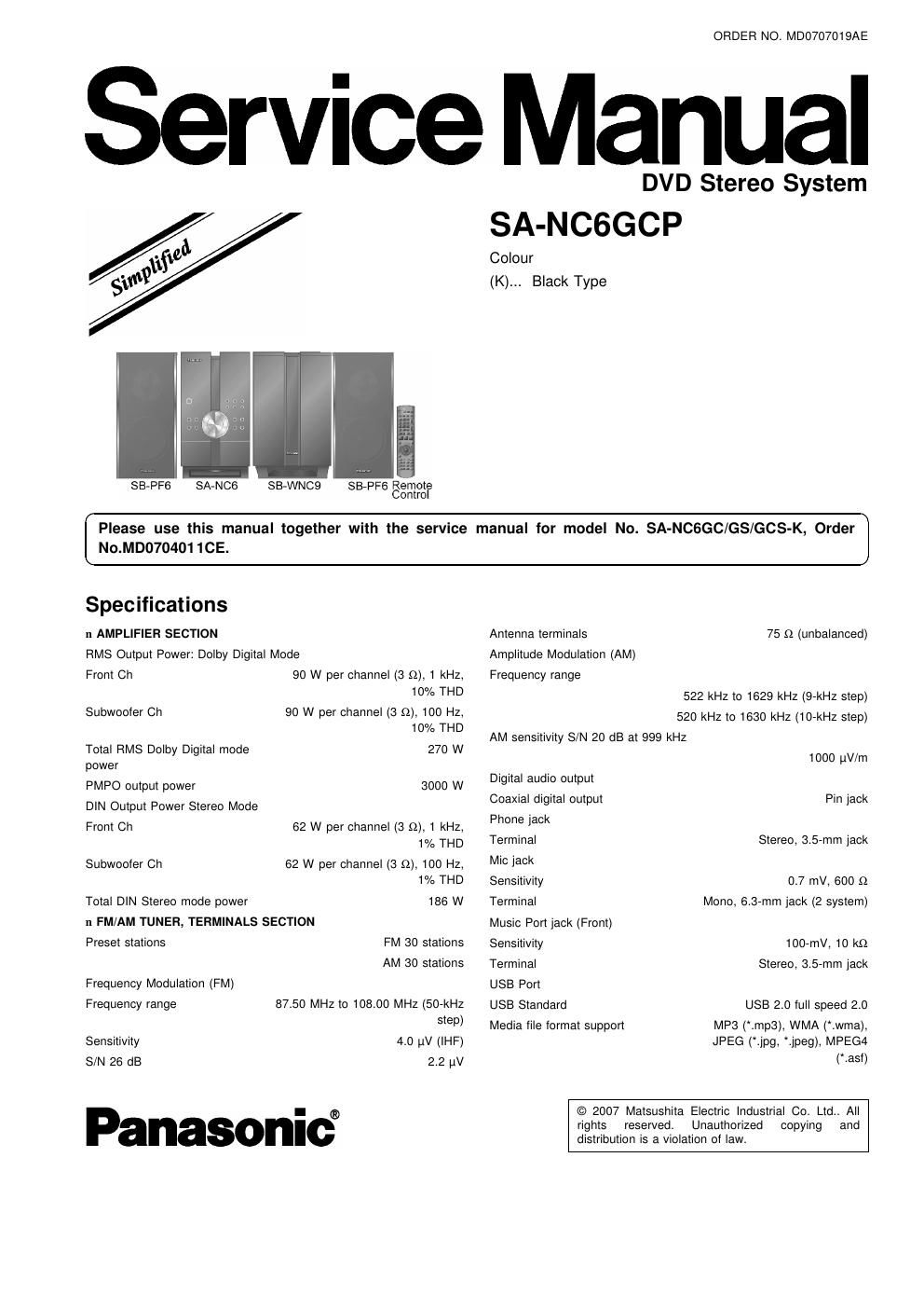 panasonic sa nc 6 gcp service manual