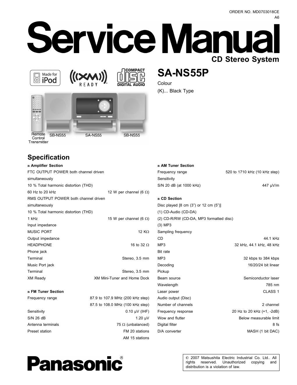 panasonic sa ns 55 p service manual