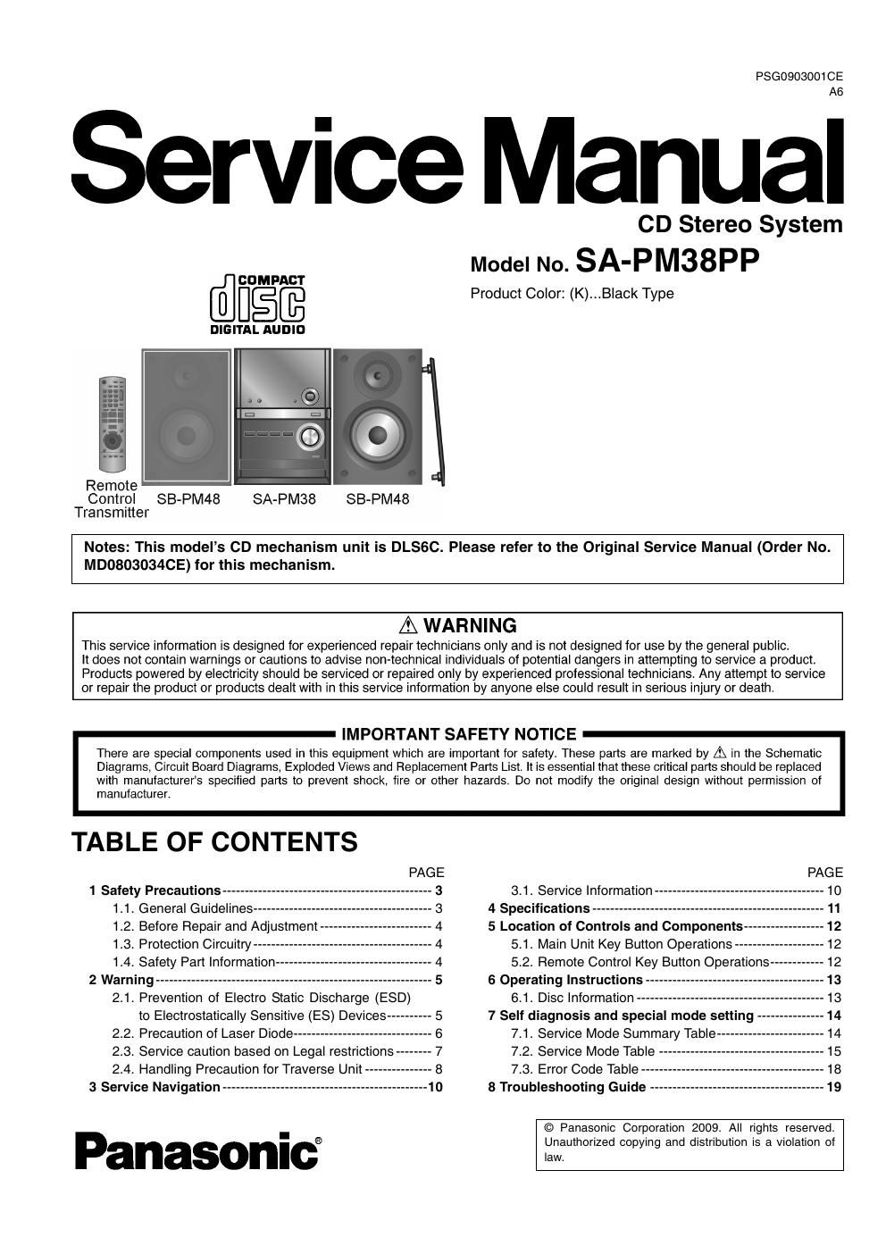 panasonic sa pm 38 pp service manual