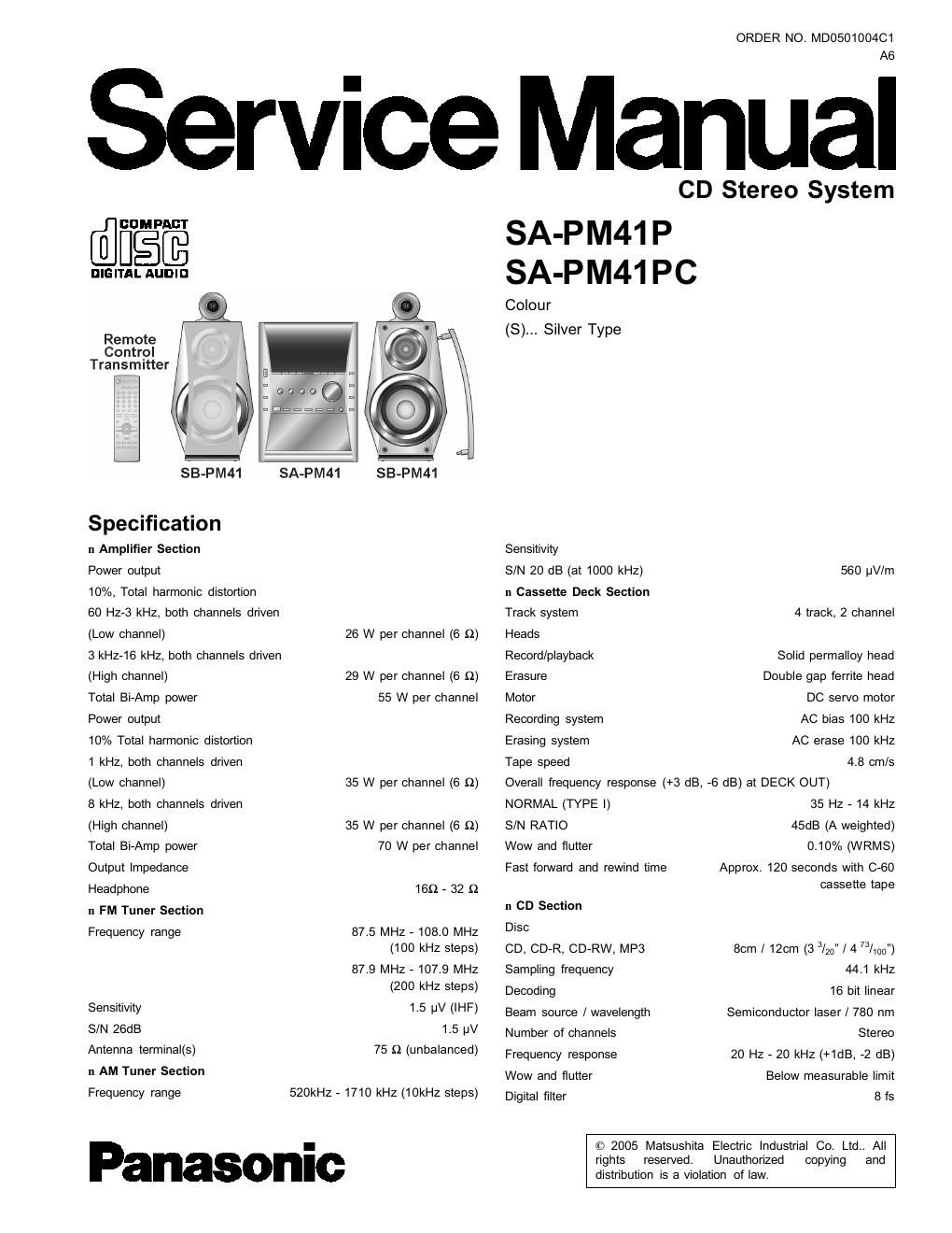 panasonic sa pm 41 p service manual