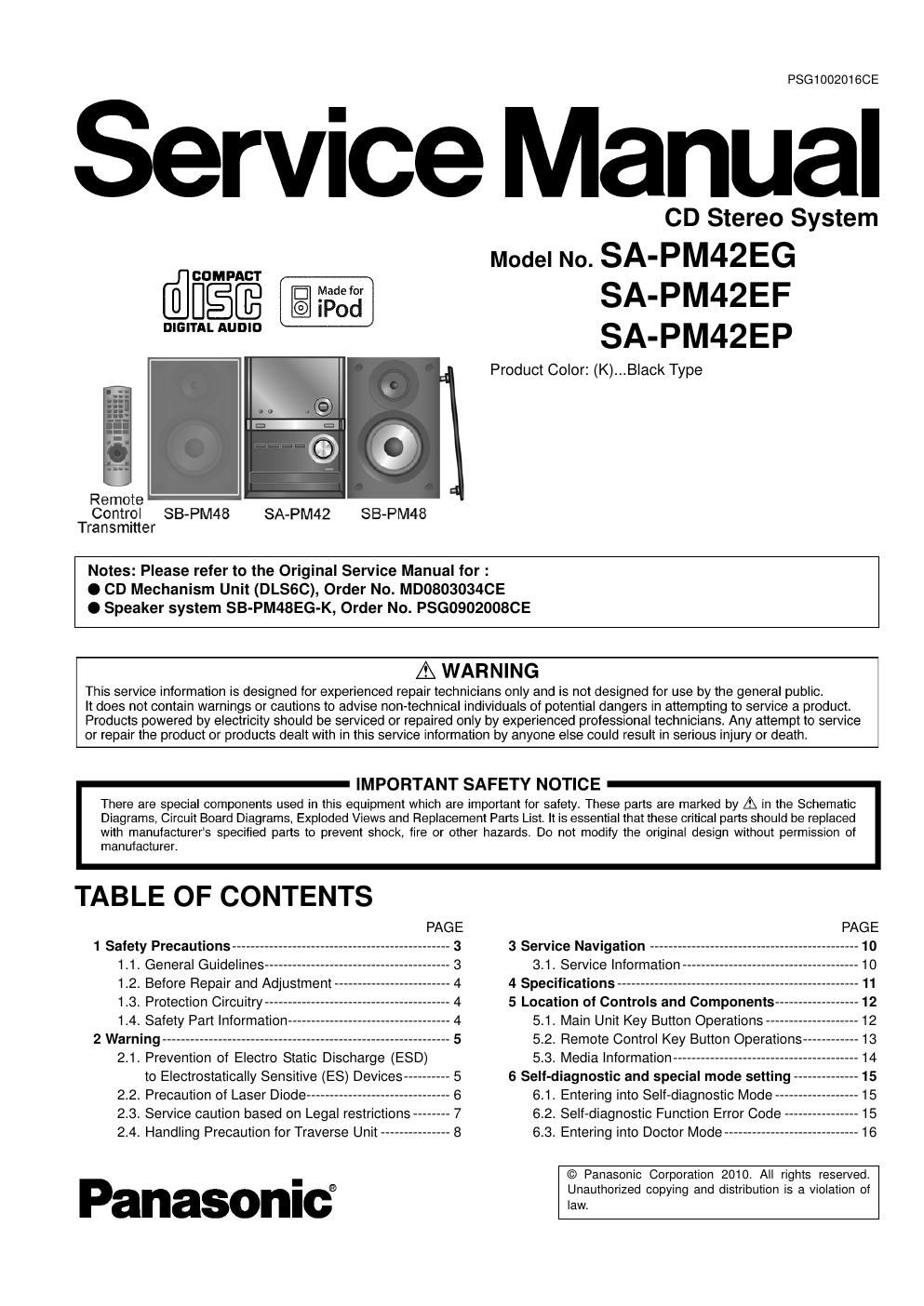 panasonic sa pm 42 ef service manual