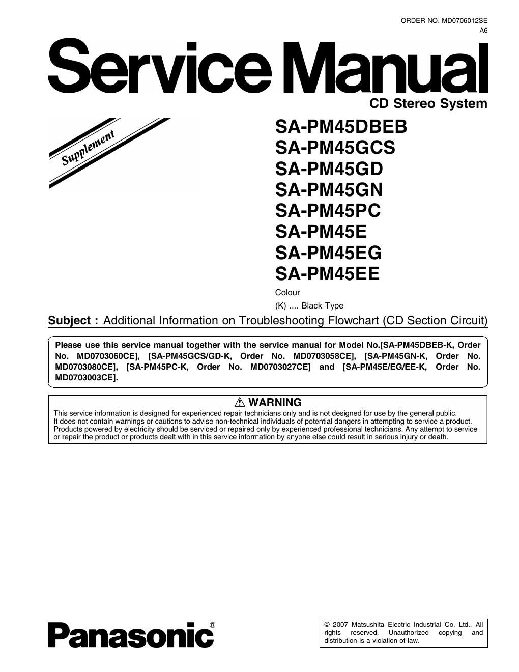 panasonic sa pm 45 dbeb service manual