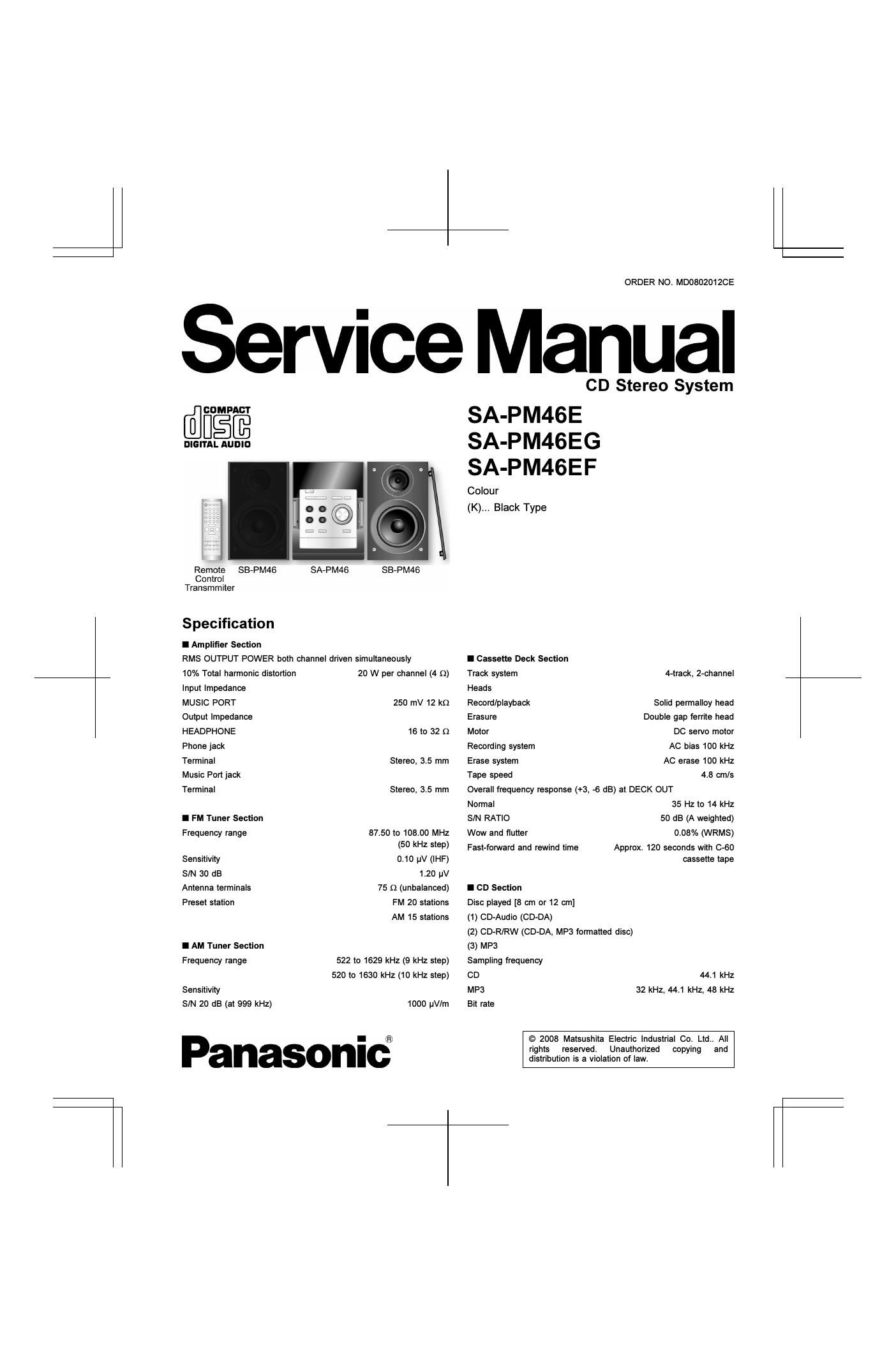 panasonic sa pm 46 e service manual
