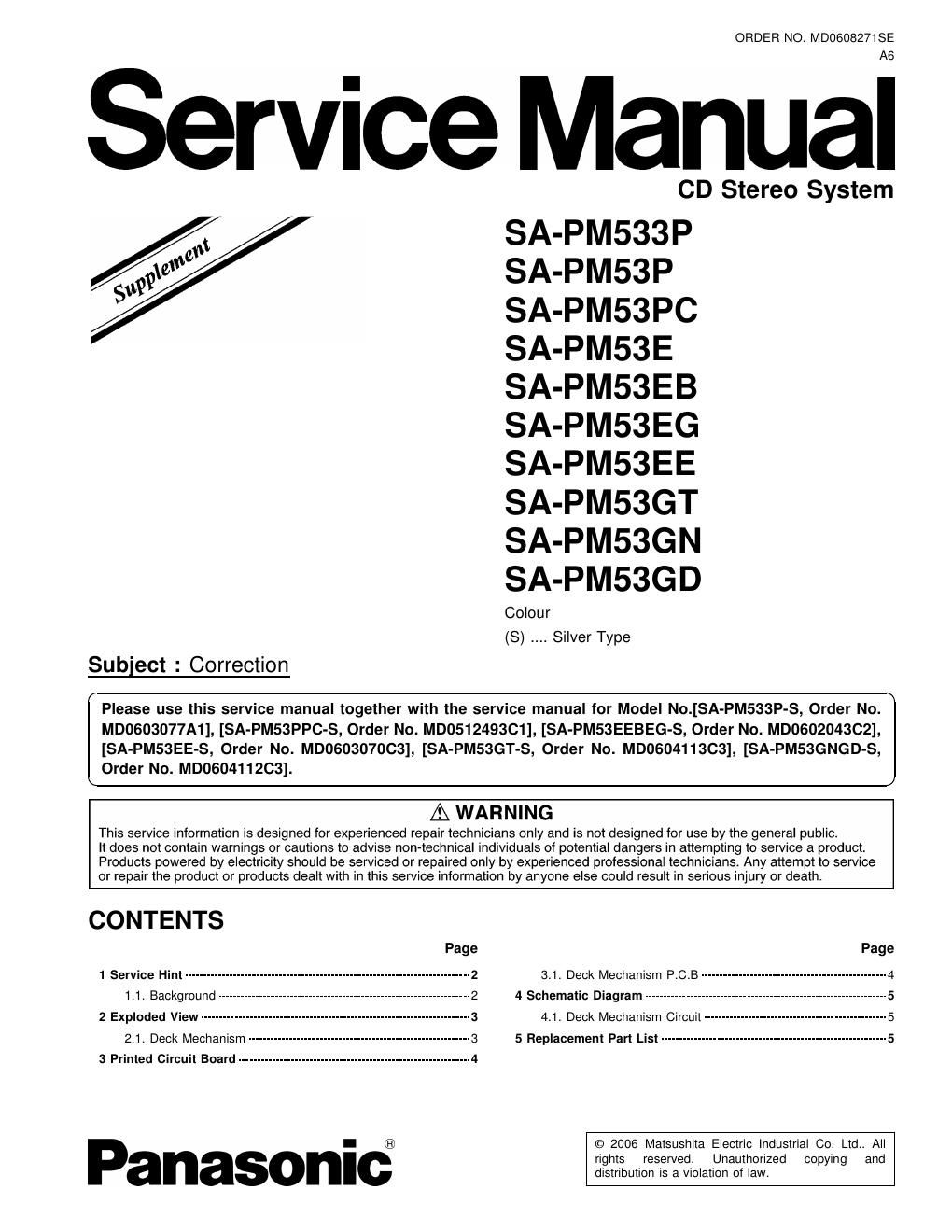 panasonic sa pm 533 p service manual