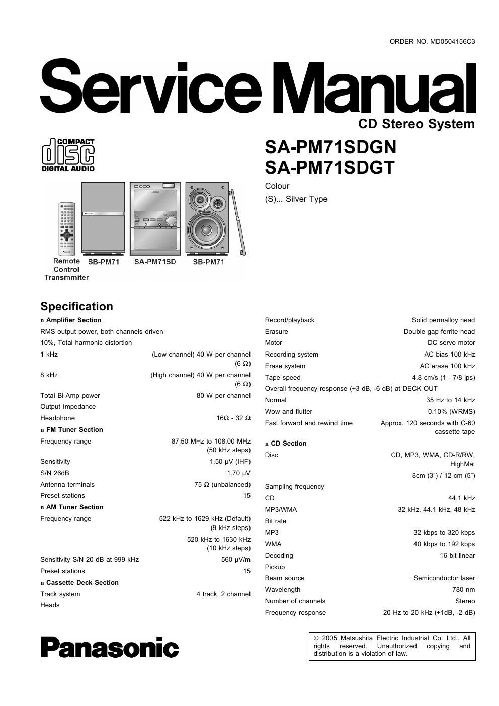 panasonic sa pm 71 sdgn service manual