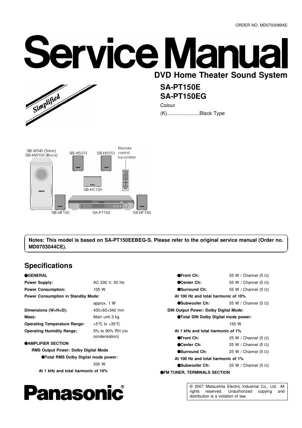 panasonic sa pt 150 e service manual