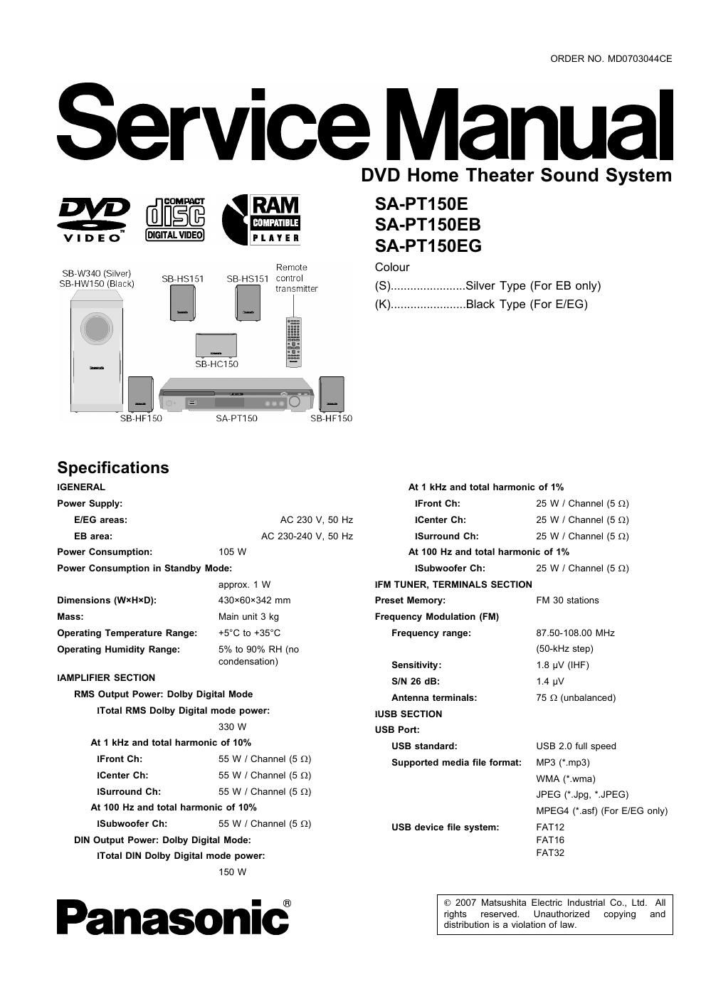 panasonic sa pt 150 eb service manual