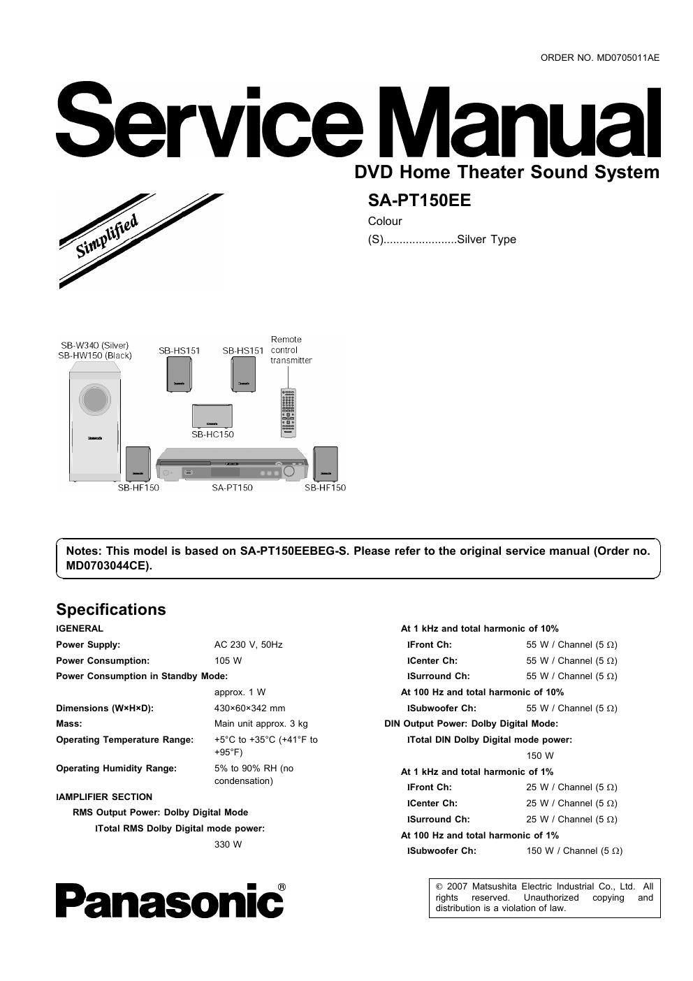 panasonic sa pt 150 ee service manual