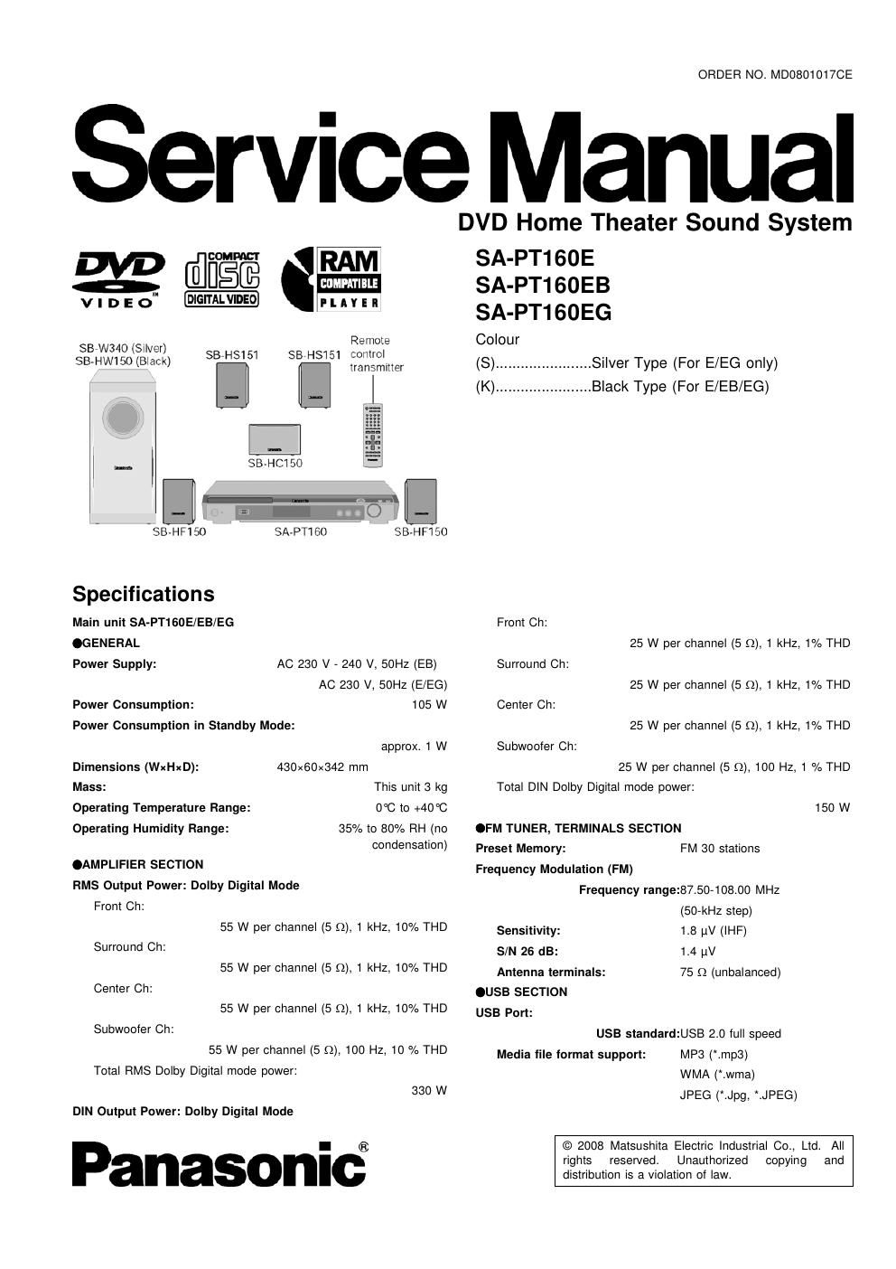 panasonic sa pt 160 eb service manual