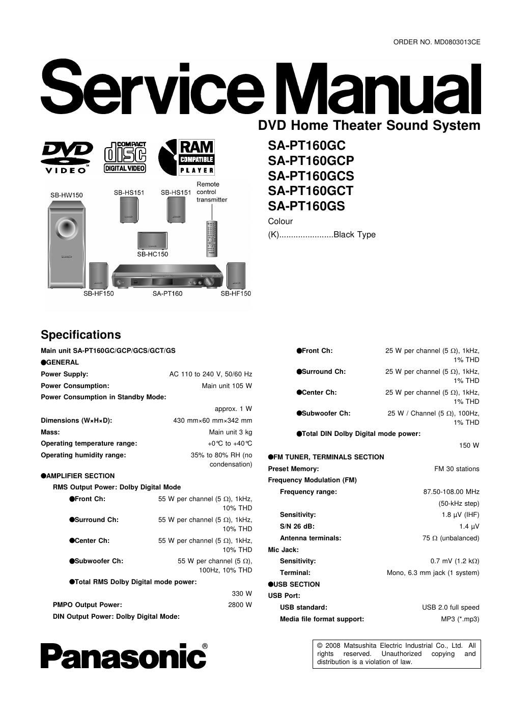 panasonic sa pt 160 gc service manual