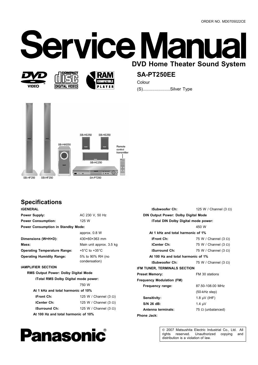 panasonic sa pt 250 ee service manual