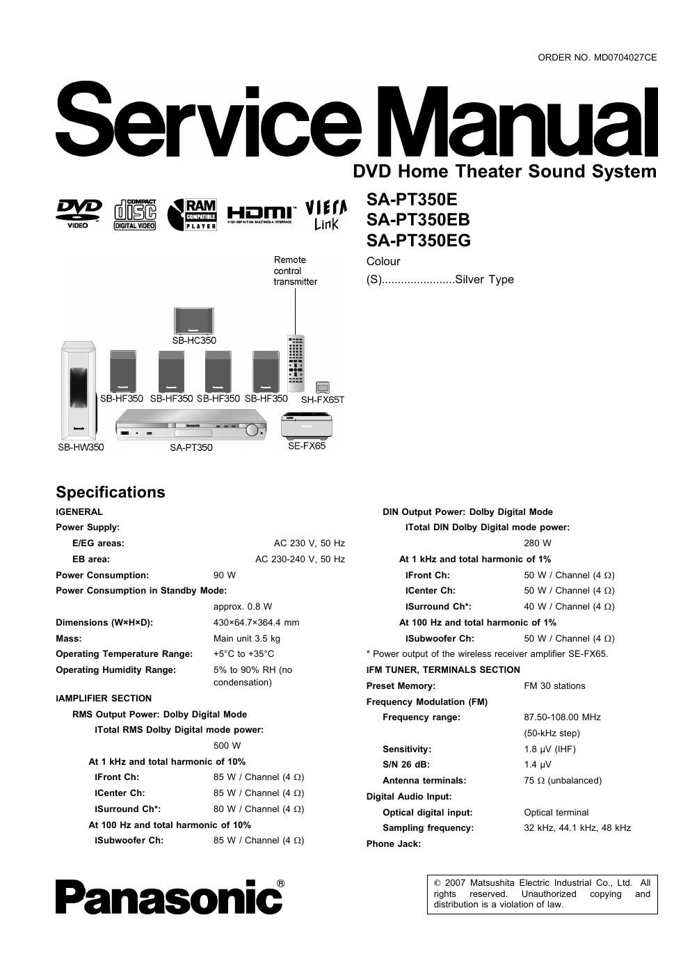 panasonic sa pt 350 e service manual