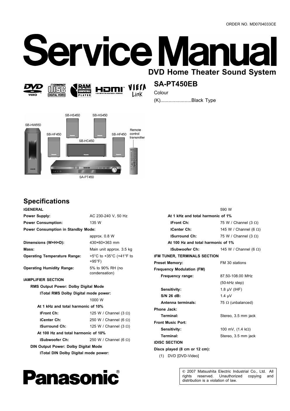 panasonic sa pt 450 e service manual