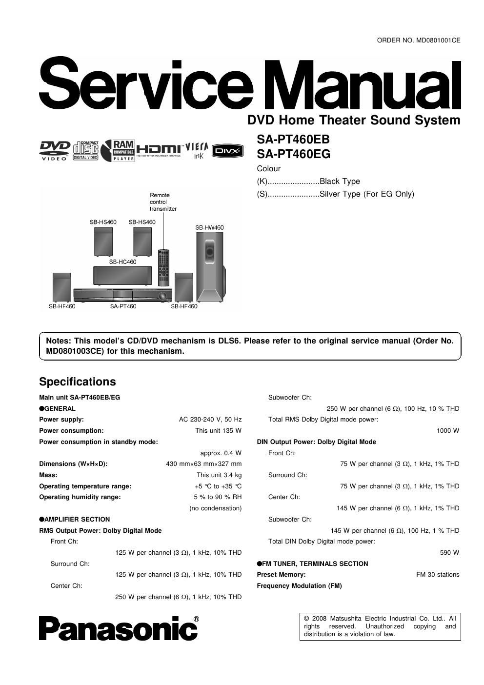 panasonic sa pt 460 e service manual