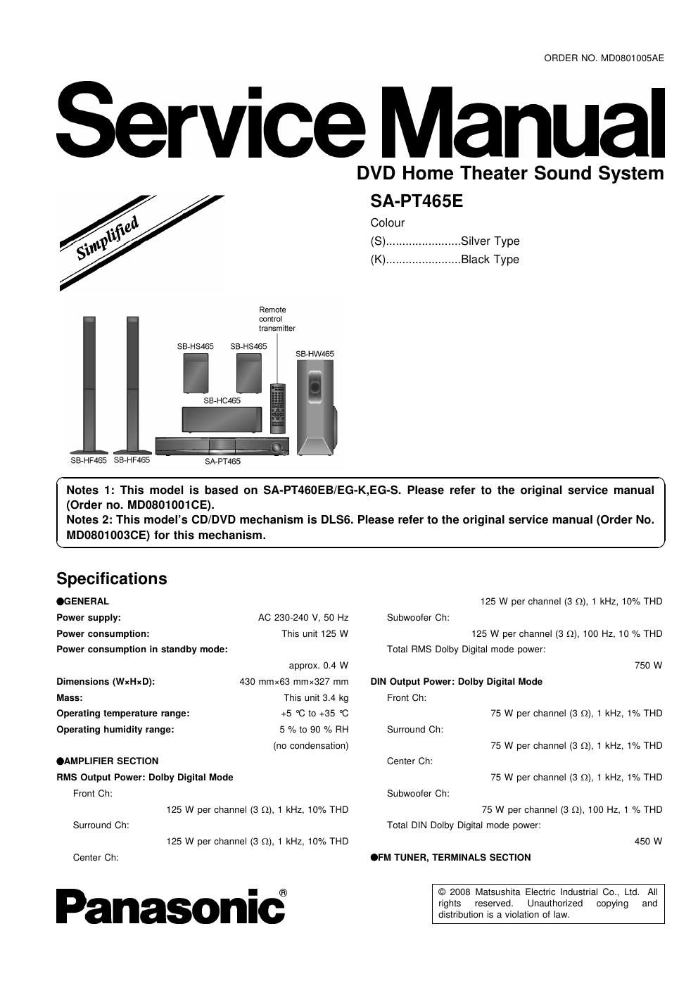 panasonic sa pt 465 e service manual