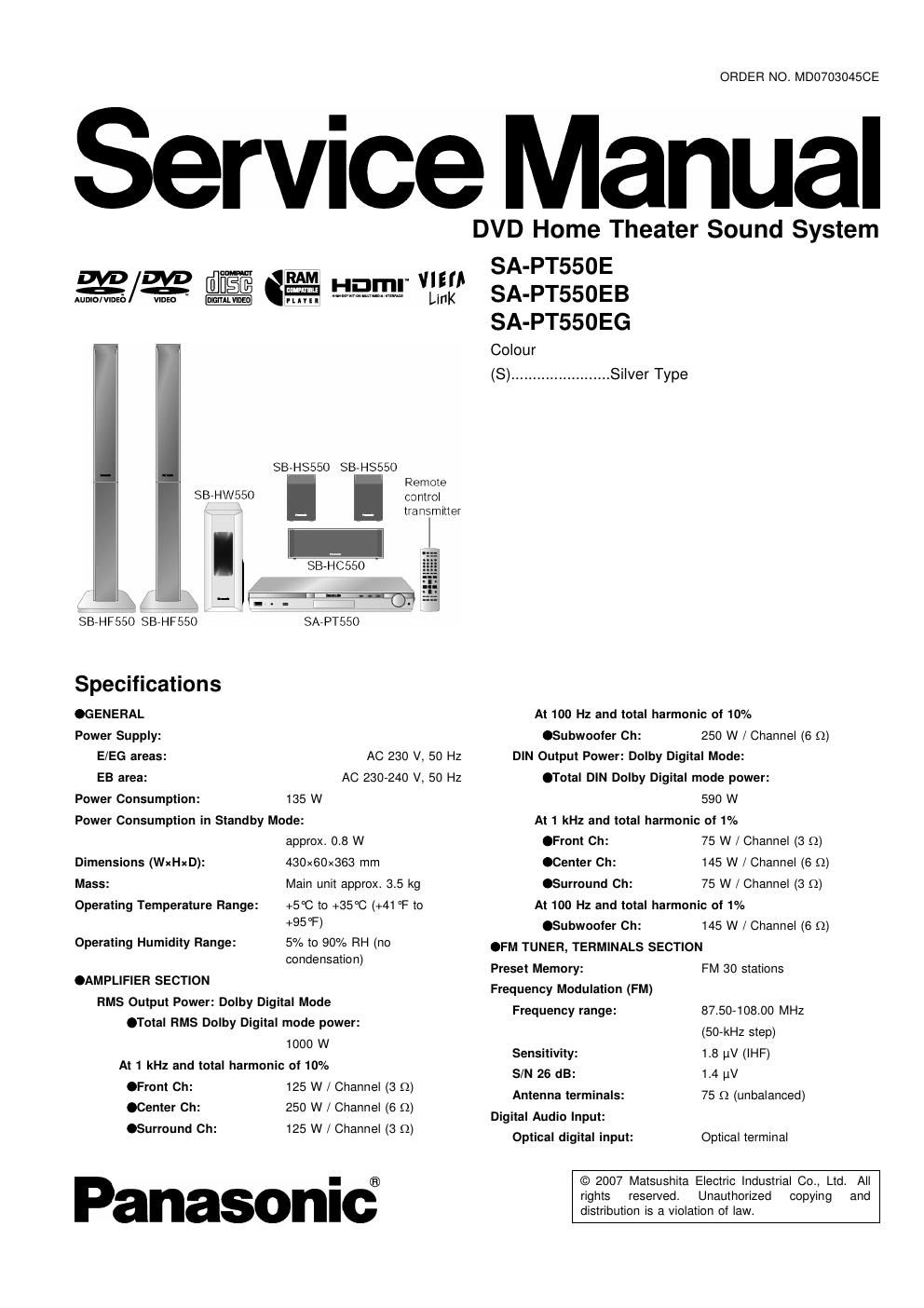 panasonic sa pt 550 eg service manual