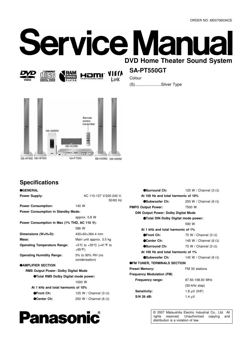 panasonic sa pt 550 gt service manual