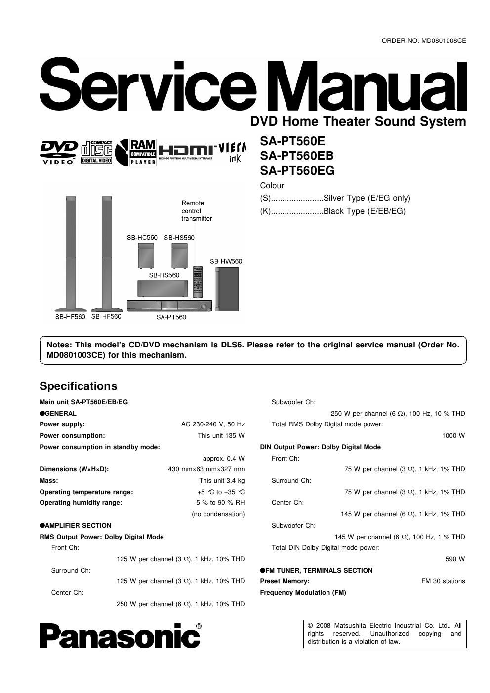 panasonic sa pt 560 e service manual