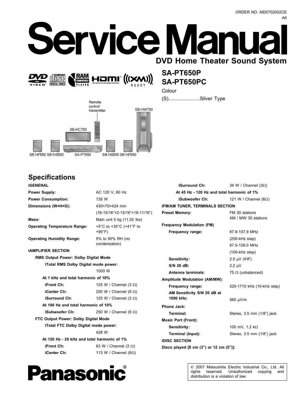 panasonic sa pt 650 pc service manual