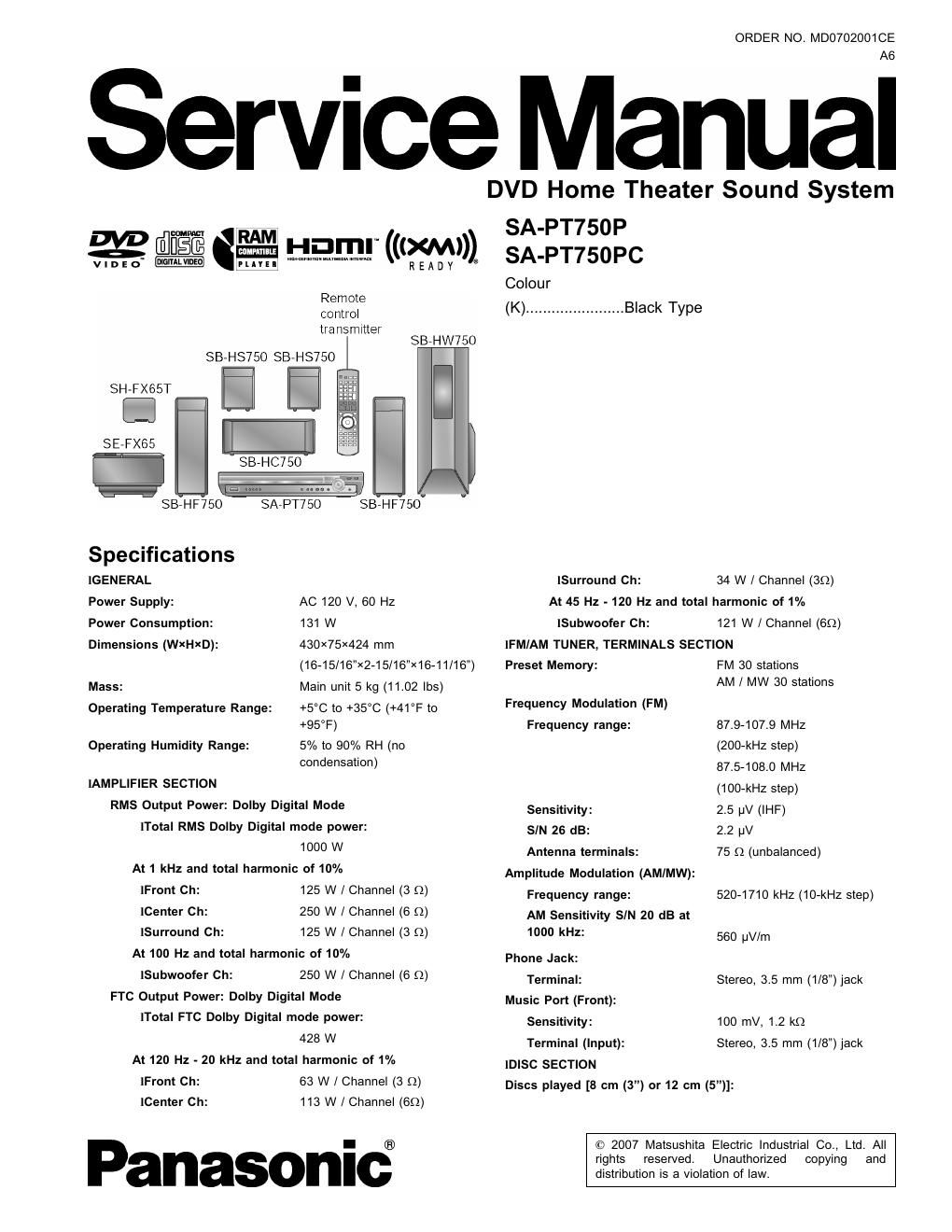 panasonic sa pt 750 p service manual