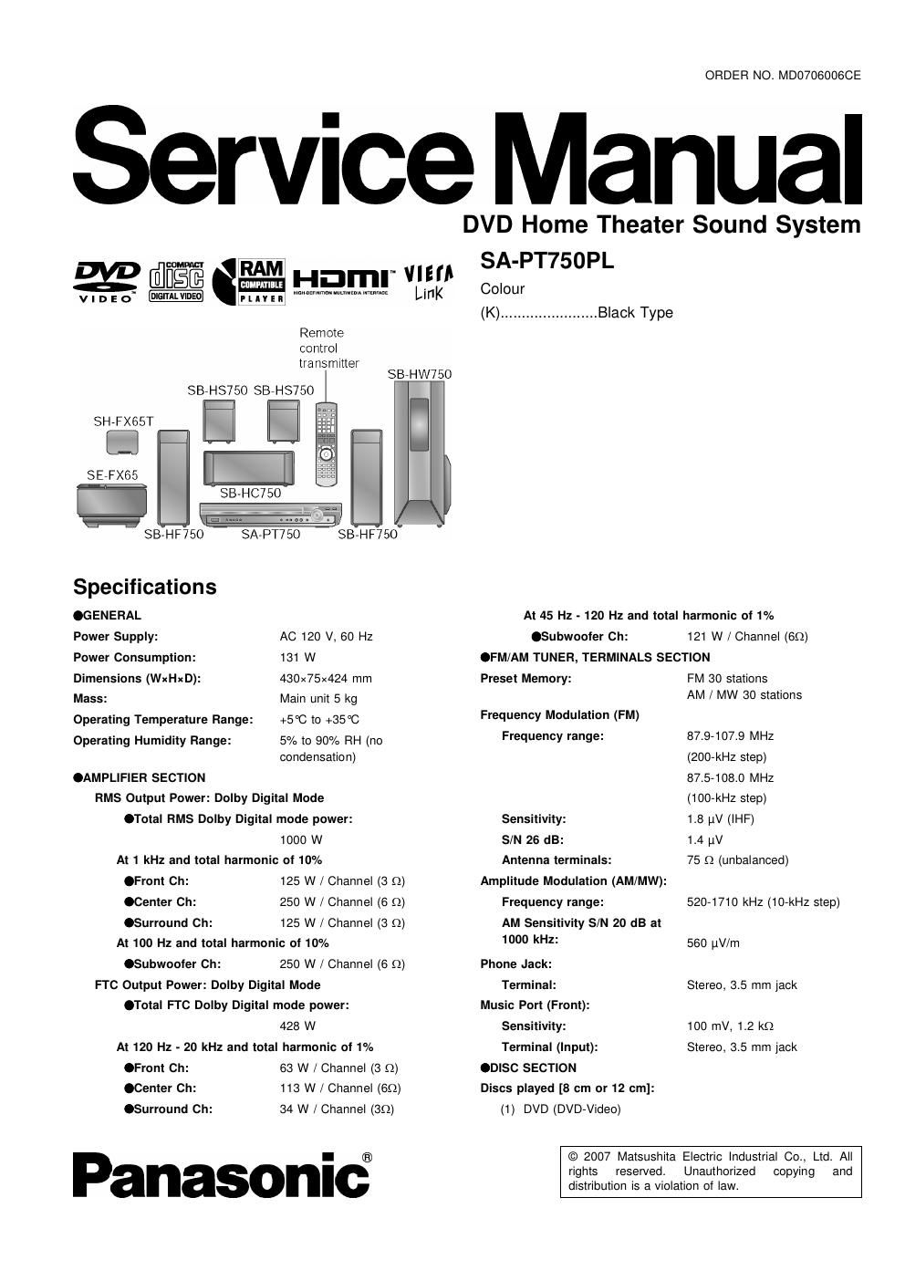 panasonic sa pt 750 pl service manual