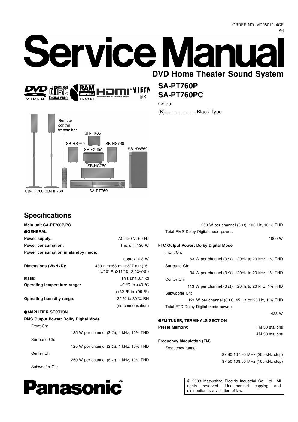 panasonic sa pt 760 p service manual