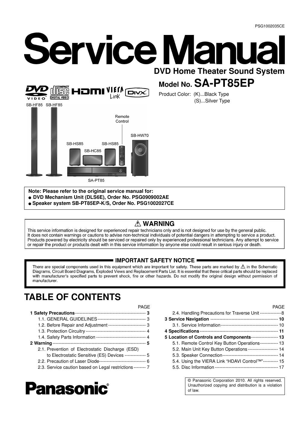 panasonic sa pt 85 ep service manual