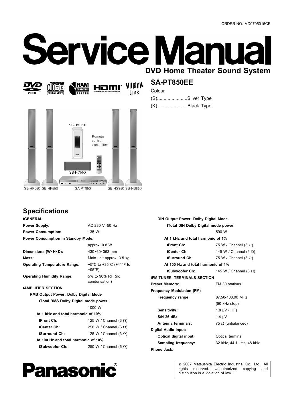 panasonic sa pt 850 ee service manual