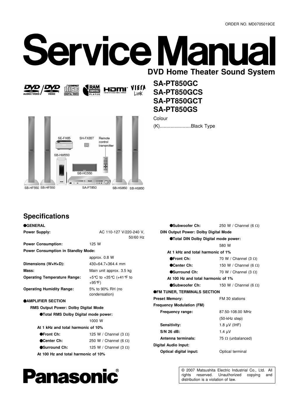 panasonic sa pt 850 gc service manual