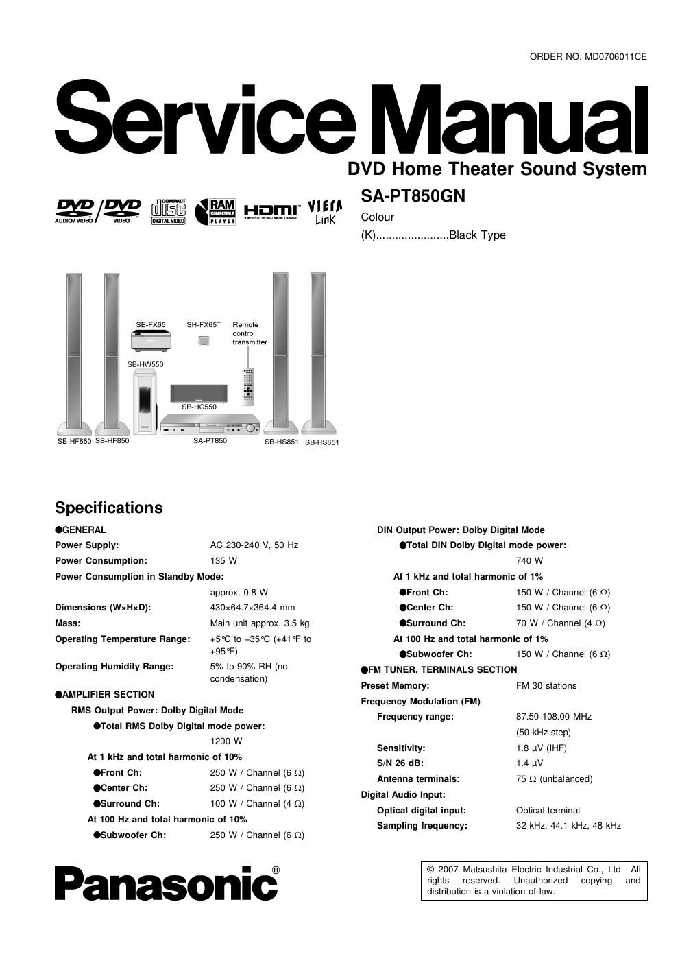 panasonic sa pt 850 gn service manual