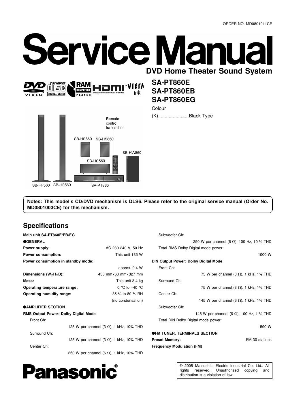 panasonic sa pt 860 service manual