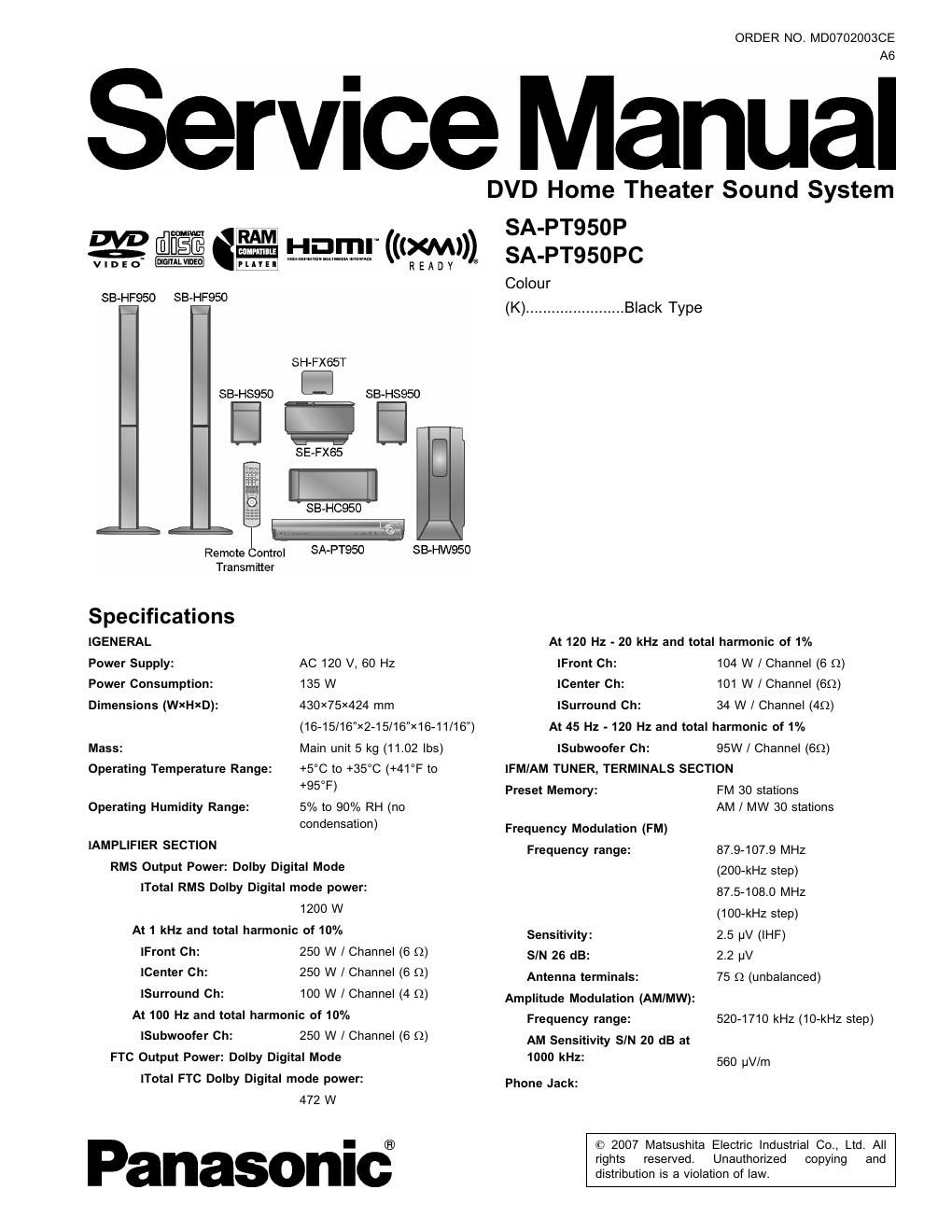 panasonic sa pt 950 p service manual